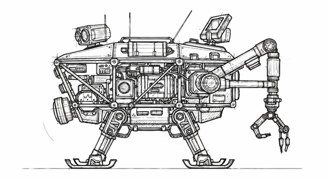 Detailed sketch of a futuristic robotic exploration vehicle with articulated legs and a manipulator arm, isolated on a white background.