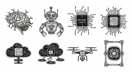 Obraz premium Collection of futuristic technology icons including AI brain, robot, microchips, cloud computing, drone, and digital frame.