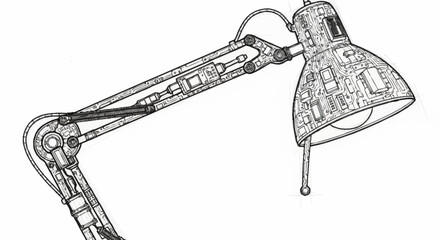 Obraz premium Detailed sketch of a classic adjustable desk lamp with a light bulb and articulated arm.