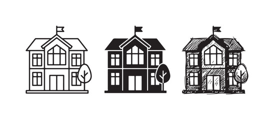 Naklejka premium School Building with Tree Icons Set