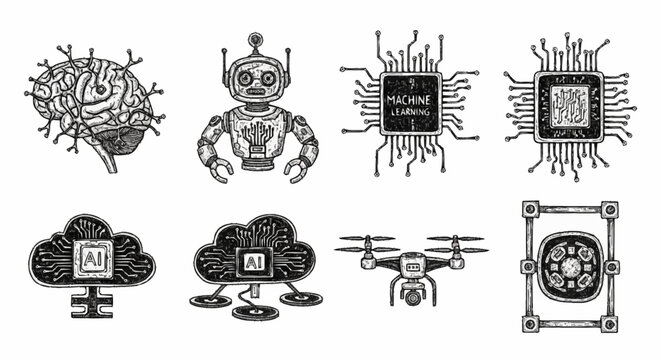 Collection of futuristic technology icons including AI brain, robot, microchips, cloud computing, drone, and digital frame.