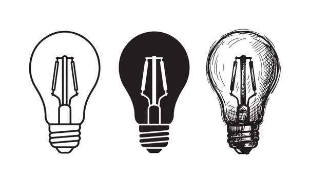Modern LED light bulb icon set with visible filaments, shown in outline, solid, and hand-drawn sketch styles.