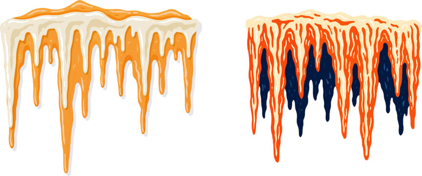 A flat vector-style geological illustration depicts flowing, wavy curtains of translucent orange and cream limestone drapery formations hanging from a cavern ceiling against a solid white background