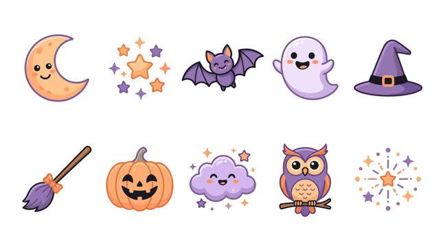 Halloween icons with smiling moon, bat, ghost, and pumpkin on white background with stars.