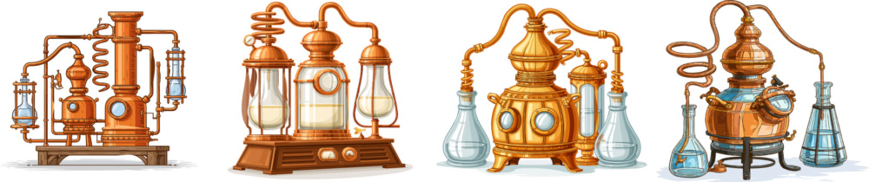 A classic copper alembic distillation apparatus, intricately designed with coiled tubes and glass flasks, exudes an artisanal charm against a clean white background