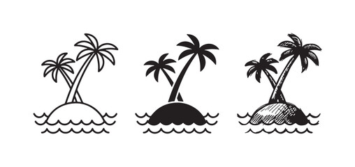 Obraz premium Tropical Island Icons with Palm Trees and Ocean Waves, Featured in Outline, Solid, and Sketchy Styles