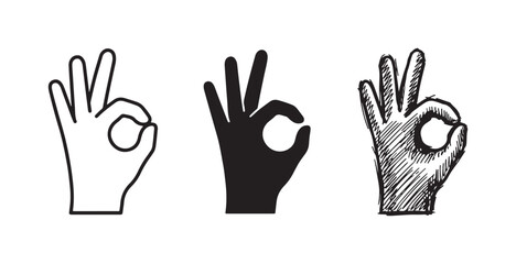 Obraz premium OK Hand Gesture Icons Set in Outline, Solid, and Sketch Styles
