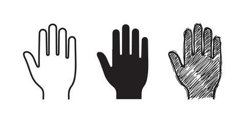 Fototapeta premium Open palm hand gesture icon set in outline, solid, and hand-drawn sketch styles, representing communication, welcome, or halt.