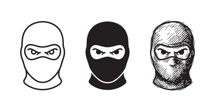 Balaclava Mask with Angry Eyes Icons Set in Outline, Solid, and Sketch Styles