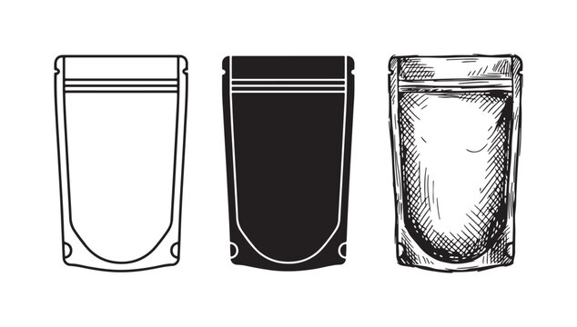 Doypack packaging set showing outline, solid black, and sketch styles for a stand-up pouch with bottom indents.