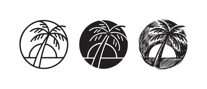 Circular palm tree sunset/sunrise logo illustrations: line art, solid black, and hand-drawn sketch, ideal for tropical branding.