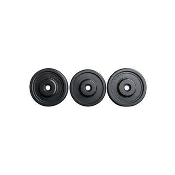 Three black rubber wheels in a row on white background