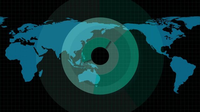 Technical world map with concentric teal and green data circles.