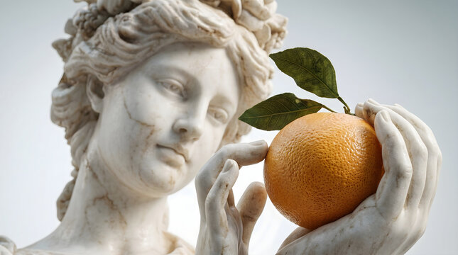 A detailed close up shows a classical marble statue delicately holding a bright fresh orange. The rough stone contrasts beautifully with the fruit texture.