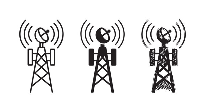 Icons of communication towers, showing signal transmission in outline, solid black, and detailed hand-drawn sketch interpretations.