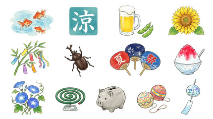 Fototapeta premium Set of Japanese Summer Icons with Goldfish Sunflower Shaved Ice and Wind Chime for Seasonal Greeting Cards and Web Design Elements