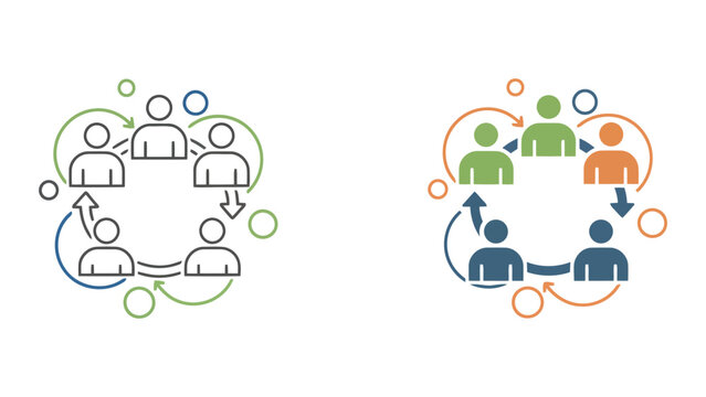 Agile team coordination icon set showing people in a circular flow with arrows and dots for project management and collaborative process visualization in linear and flat styles