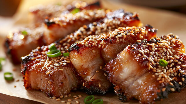Close Up of Roasted Pork Belly Strips with Sesame and Scallions