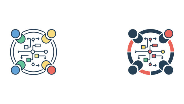 Data management and team workflow icon set with circular nodes and circuit board connections for collaborative digital architecture and organizational process efficiency illustrations