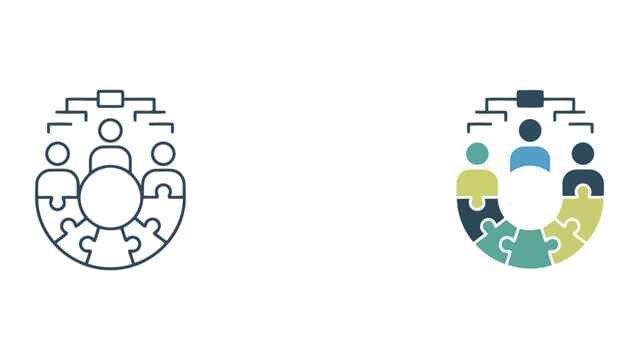 Team puzzle and organizational structure icon set showing collaborative group building and connection symbols for business unity and strategic human resource management and development
