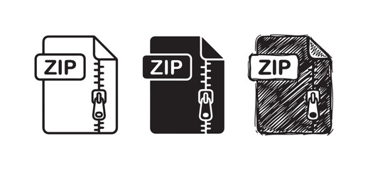 ZIP file icon collection featuring a zipper, presented in outline, solid glyph, and hand-drawn styles for digital compression representation. © Ірина Гринюк