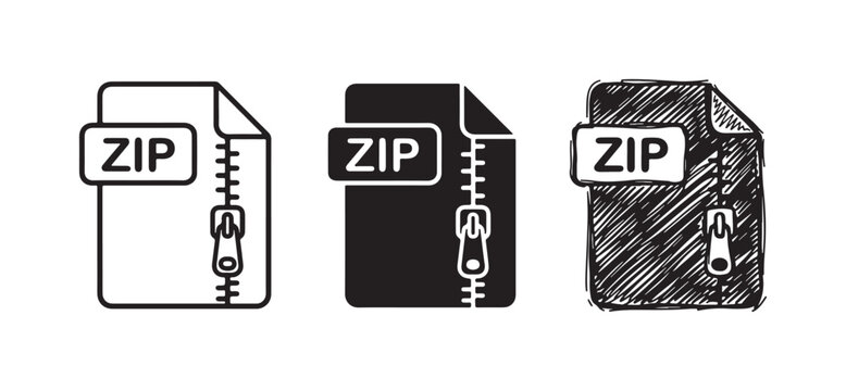 ZIP file icon collection featuring a zipper, presented in outline, solid glyph, and hand-drawn styles for digital compression representation.