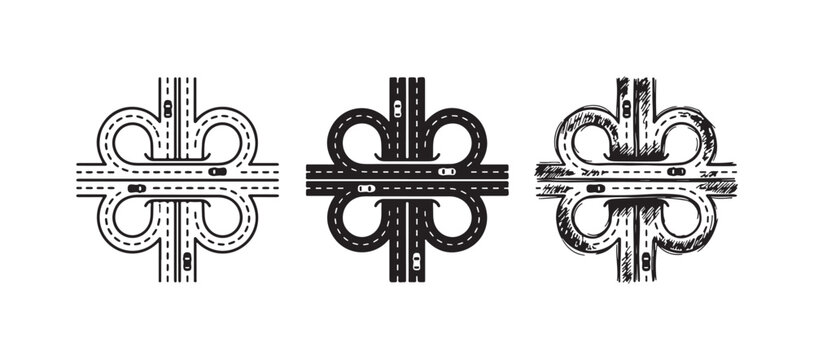 Cloverleaf interchange icon collection, illustrating a highway with cars, in outline, solid, and hand-drawn styles for traffic and road maps.
