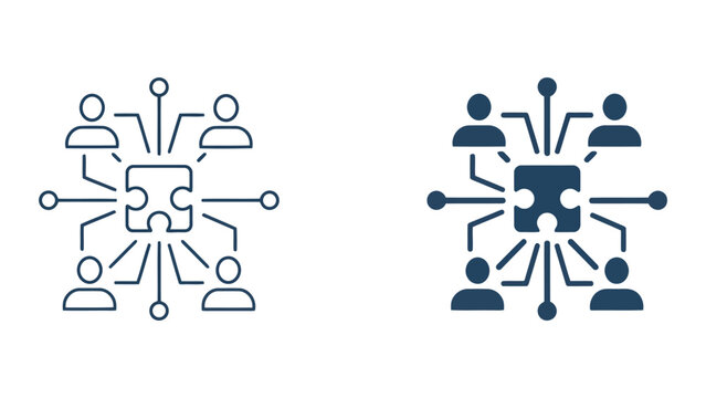 Team networking and central problem solving icon set featuring people connected to a central puzzle piece in a professional flat vector design for collaborative business solutions