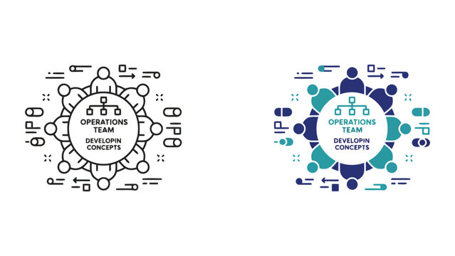 Operations team developing concepts around a central organizational chart as a professional business strategy vector illustration set isolated on white background for corporate structure design