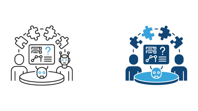 Artificial intelligence and human collaboration icon set featuring digital data analysis and puzzle solving in clean line art and blue dual tone vector style for modern business technology concepts