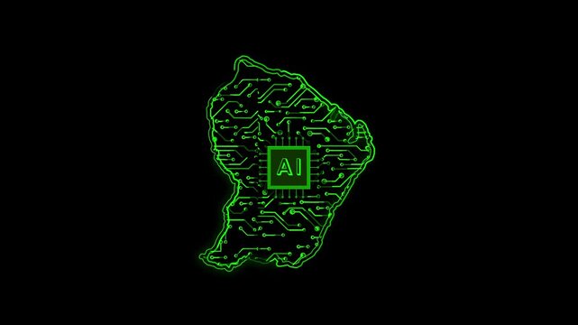 French Guiana Country Map Chipset Technology Opener, Suitable for Tech Events, Science Programs, News and Artificial Intelligence Presentations