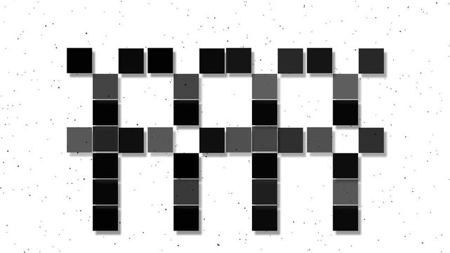 Abstract black and gray square blocks arranged in a pixel pattern on a white speckled background, creating a modern geometric design with a simple digital feel.