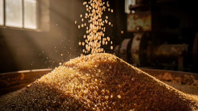 Close up of raw malt grains falling onto a pile in a brewery with warm sunlight and rustic atmosphere