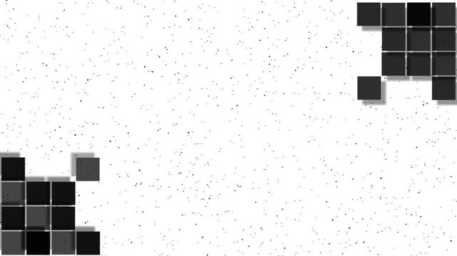 Abstract black and gray pixel blocks in opposite corners on a white speckled background with wide copy space. Simple modern design for tech, gaming, or digital themes.