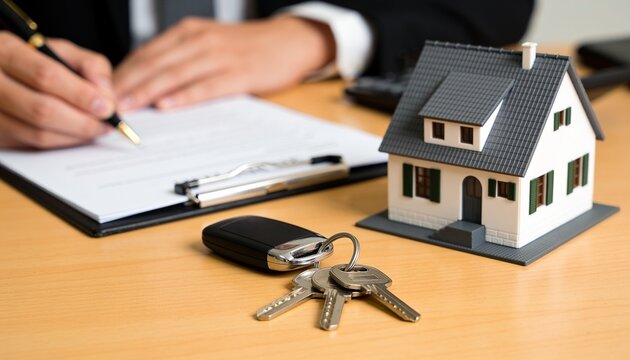 A person signs a real estate contract next to a house model and a set of keys on a wooden desk.