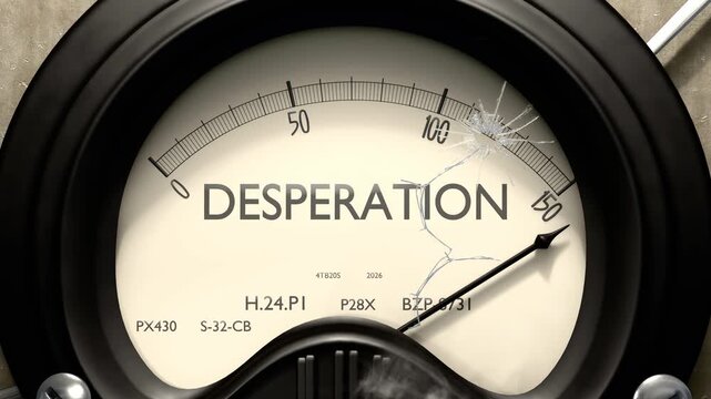 Desperation meter showing big levels of desperation. Dangerously increasing high values of desperation, critical overload. Too much, off the charts. Max desperation