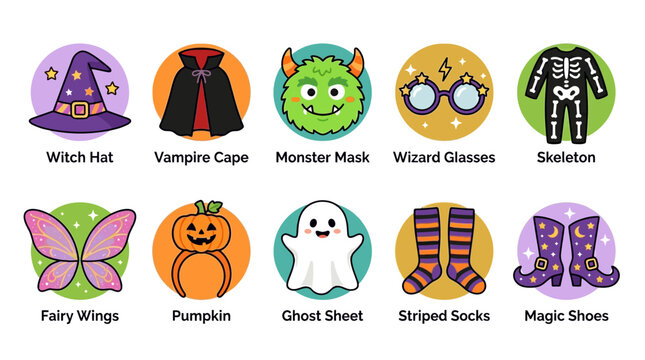 Halloween costumes and accessories on display for kids to wear on a spooky night outside.