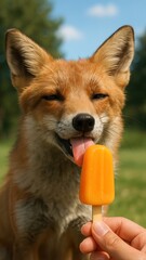 Fototapeta premium Fox enjoying orange popsicle outdoors