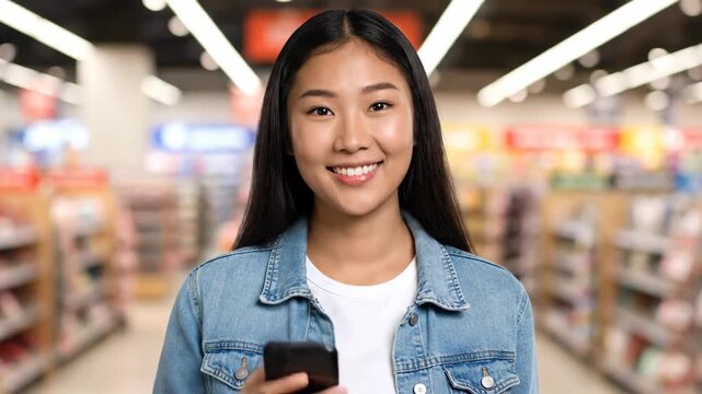 Woman looking at her phone intently in supermarket, young woman shopping in supermarket