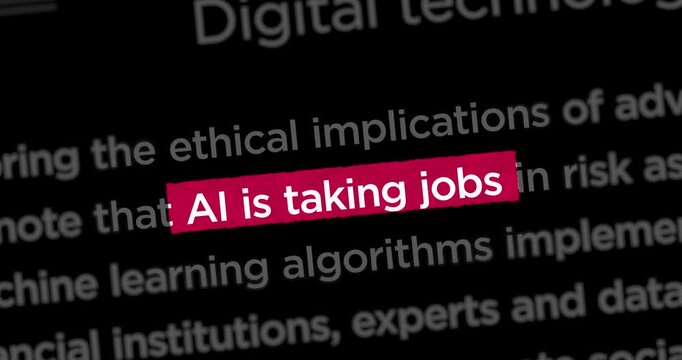 AI is taking jobs news titles across international web media search. Abstract concept of internet headline information on dynamic displays animation.