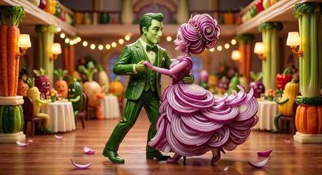 Vegetable characters dancing in elegant ballroom setting