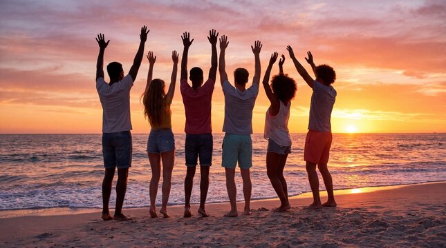 Diverse group of friends celebrating on beach at sunset, happy young people with arms raised by the ocean, summer vacation and friendship concept