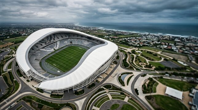 Aerial view of a modern soccer stadium by the coast under cloudy skies