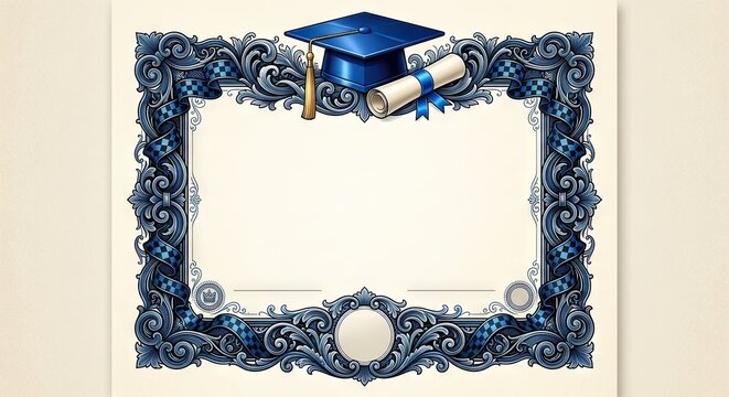 Blank graduation certificate template with cap and diploma
