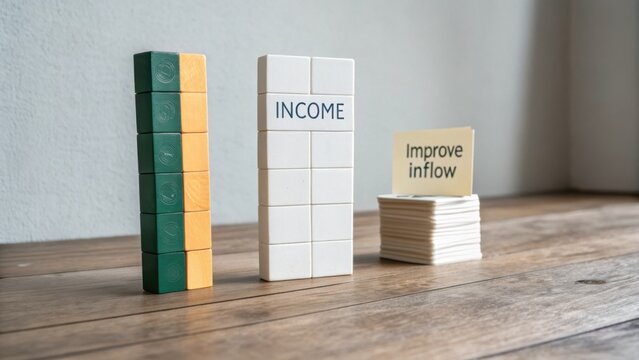 Stacked Blocks Representing Income Growth with Improve Inflow Message on a Rustic Wooden Surface