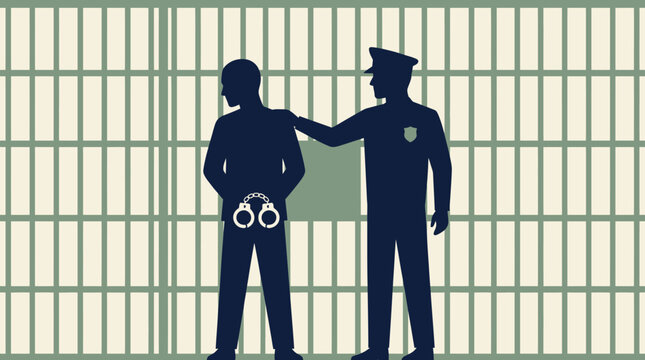 Law Enforcement Concept silhouette of a police officer escorting a handcuffed prisoner in front of prison bars ideal for legal services, crime news, and justice system articles.