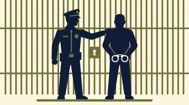 Law Enforcement Concept featuring silhouettes of a police officer and a handcuffed prisoner in front of jail bars, ideal for legal services, crime news, and justice system presentations.
