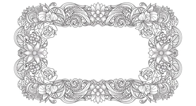 Intricate floral border with roses and leaves for coloring books