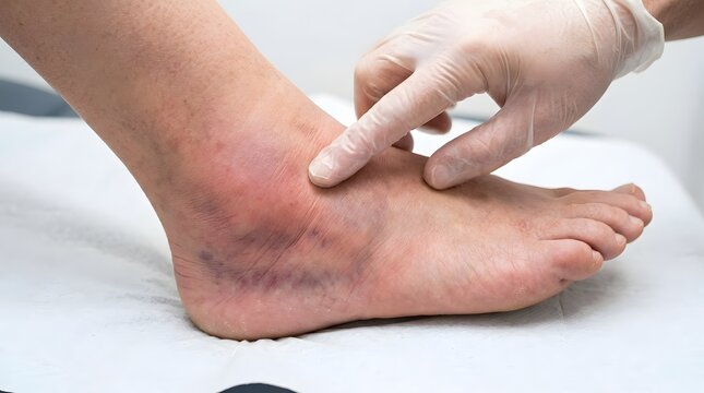 Doctor in white glove examining swollen bruised ankle with visible bruising on patient foot representing sprained ankle injury contusion medical examination orthopedic diagnosis foot trauma