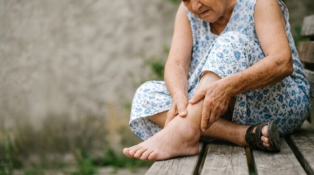 Senior elderly woman sitting on wooden bench outdoors holding her swollen painful ankle representing joint pain arthritis foot swelling edema leg discomfort old age health problem